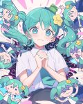  >_< 0_0 1girl :< @_@ aqua_hair aqua_nails aqua_necktie black_skirt blue_eyes blush blush_stickers chibi closed_eyes closed_mouth collared_shirt crying crying_with_eyes_open double_v dress_shirt hair_between_eyes hatsune_miku highres interlocked_fingers long_hair multiple_views necktie own_hands_clasped own_hands_together pleated_skirt shirt skirt sosorry!_(vocaloid) tam-u tears turn_pale twintails v very_long_hair vocaloid wavy_mouth white_background white_shirt 