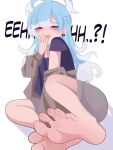  1girl barefoot blue_eyes blue_hair casual commentary earrings english_commentary english_text feet foot_focus foreshortening highres hololive hololive_indonesia jacket jacket_partially_removed jewelry kobo_kanaeru laughing long_hair multiple_earrings open_mouth presenting_foot shirt shorts simple_background smug soles solo spread_toes t-shirt toes viqur virtual_youtuber white_background 