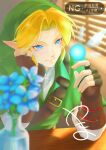 1boy blonde_hair blue_eyes blue_flower brown_gloves champion's_tunic_(zelda) commentary_request fairy fingerless_gloves flower gloves green_hat green_tunic hat highres link looking_at_another male_focus navi parted_bangs phrygian_cap pointy_ears shirt short_hair sidelocks smile the_legend_of_zelda the_legend_of_zelda:_ocarina_of_time tunic upper_body vase white_shirt yama_giragira 