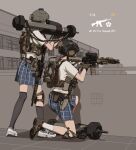  2girls aiming assault_rifle bag blue_skirt broken_arrow_(game) brown_gloves camouflage combat_helmet elcan_scope etmc1992 fingerless_gloves geissele_urg-i glock gloves gun handgun helmet highres m-lok_rail m4_carbine matador_(rocket_launcher) multiple_girls original plaid_clothes plaid_skirt rifle rocket_launcher school_bag school_uniform shoes sig_p220/p226 sig_sauer skirt sneakers squatting tactical_school_uniform weapon woodland_camouflage 