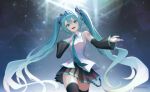  1girl absurdres aqua_eyes aqua_hair aqua_nails aqua_trim arm_tattoo bare_shoulders black_boots black_skirt black_sleeves black_thighhighs blush boots breasts collarbone collared_shirt commentary_request detached_sleeves hair_between_eyes hair_ornament hatsune_miku highres long_hair long_sleeves looking_at_viewer miku_day miniskirt number_tattoo open_mouth pleated_skirt shirt skirt sleeveless sleeveless_shirt small_breasts solo tattoo teeth thigh_boots thighhighs thighs twintails upper_teeth_only very_long_hair vocaloid white_shirt yuki_(24726302) 