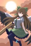  1girl absurdres arm_cannon bird_wings black_pantyhose black_wings blush bow brown_hair cape chest_eye closed_mouth cloud commentary dawn english_commentary frilled_skirt frills green_bow green_skirt hair_bow hair_flaps highres long_hair looking_at_viewer outdoors pantyhose red_eyes reiuji_utsuho shirt short_sleeves skirt sky solo the1rocket third_eye touhou triangle_print twitter_username weapon white_cape white_shirt wings 