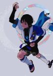  0s1_00 1boy absurdres arm_at_side arm_up belt black_belt black_bodysuit black_bow black_bridal_gauntlets black_sandals black_shorts blue_cape blue_kimono blue_sleeves blunt_ends body_markings bodysuit bow bridal_gauntlets cape clenched_hand commentary curled_fingers fingernails full_body furisode genshin_impact glowing_markings gold_ring grey_background grin halo halo_behind_head highres japanese_clothes juban kimono layered_sleeves leg_warmers looking_to_the_side male_focus middle_ring open_clothes open_kimono purple_eyes purple_sash sandals sash scaramouche_(genshin_impact) short_sleeves shorts shoulder_peek side_cape smile solo stirrup_legwear tassel teeth toeless_legwear tsurime twitter_username untranslatable_commentary wanderer_(genshin_impact) white_kimono white_leg_warmers white_sleeves wispy_bangs zouri 