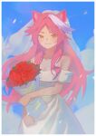  1girl animal_ear_fluff animal_ears bare_shoulders bouquet breasts bridal_veil cleavage closed_mouth commentary day dress flower highres hololive hololive_english long_hair looking_at_viewer medium_breasts multicolored_hair off-shoulder_dress off_shoulder outdoors panther_ears panther_girl pink_hair raora_panthera red_flower red_rose rose sidelocks single_hair_streak sky smile solo strapless strapless_dress streaked_hair tentacleluver untranslatable_commentary veil very_long_hair virtual_youtuber wedding_dress white_dress white_streaks yellow_eyes 