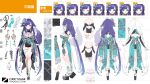  1girl ahoge animal_ears blue_eyes breasts commentary_request dress first_stage_production flower fox_ears fox_girl highres himemiya_honoka_(ichipro) large_breasts long_hair looking_at_viewer purple_hair reference_sheet smile solo virtual_youtuber 