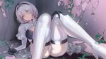  1girl 2b_(brief_respite)_(azur_lane) 2b_(nier:automata) azur_lane black_gloves black_hairband blue_eyes bob_cut boots breasts cameltoe commentary dazed_pedler gloves hair_over_one_eye hairband highres juliet_sleeves knees_together_feet_apart lace-trimmed_leotard lace_trim large_breasts leotard long_sleeves looking_at_viewer mole mole_under_mouth nier:automata nier_(series) official_alternate_costume parted_lips puffy_sleeves skindentation smile solo thigh_boots white_hair white_leotard 