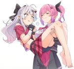  2girls ? bandaged_hand bandages bare_legs bare_shoulders barefoot bike_shorts bike_shorts_under_skirt black_gloves black_shorts bow breasts carrying closed_eyes collared_shirt crop_top doyagao ear_piercing earrings gloves gradient_hair grey_eyes grey_hair hair_bow hair_ornament hairclip heterochromia high_side_ponytail highres ishigami_nozomi ishigami_nozomi_(1st_costume) jewelry kuramochi_meruto kuramochi_meruto_(1st_costume) lace_trim large_breasts long_hair long_sleeves midriff multicolored_hair multiple_girls nail_polish navel neck_ribbon nijisanji off-shoulder_shirt off_shoulder own_hands_together piercing pink_hair pink_nails pink_ribbon plaid_clothes plaid_skirt polka_dot polka_dot_bow princess_carry purple_eyes red_eyes red_nails red_shirt red_skirt ribbon shirt short_sleeves shorts side_ponytail simple_background skirt smile smug spiked_ear_piercing spoken_question_mark spoon_(tamakakama) stud_earrings toes virtual_youtuber white_background white_shirt 