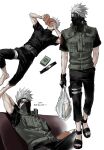  1boy arms_behind_head bag barefoot black_gloves black_pants black_sandals black_shirt book couch fingerless_gloves fishnet_top fishnets flak_jacket forehead_protector full_body gekijou-ban_naruto:_dai_koufun!_mikazuki-jima_no_animaru_panikku_dattebayo! gloves grocery_bag hatake_kakashi highres holding holding_bag holding_book icha_icha_(naruto) invisible_floor jacket konohagakure_shinobi_uniform konohagakure_symbol korean_text lying male_focus multiple_views naruto_(classic) naruto_(series) on_back on_couch on_floor pants plastic_bag sandals shirt shopping_bag short_hair simple_background sitting sso_s standing translation_request white_background white_hair 
