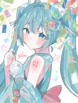  1girl ahoge bare_shoulders blue_eyes blue_hair blue_kimono blush closed_mouth commentary double-parted_bangs hair_between_eyes hair_intakes hatsune_miku highres ilei53zv japanese_clothes kimono long_hair long_sleeves looking_at_viewer number_tattoo shoulder_tattoo signature solo tanabata tanzaku tattoo twintails upper_body vocaloid wide_sleeves 