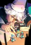  2boys 4girls agott_arklaum_(tongari_boushi_no_atelier) aqua_cloak aqua_hat beard black_cape black_hair black_hat blue_eyes blue_hair boxwabbi brown_shoes brushbuddy cape cloak coco_(tongari_boushi_no_atelier) commentary conical_hat english_commentary facial_hair glasses green_eyes green_hair hat hat_tassel heterochromatic_eyewear highres holding holding_pen mini_person multiple_boys multiple_girls olruggio_(tongari_boushi_no_atelier) pen pince-nez pink_eyes pink_hair purple_eyes qifrey's_atelier_apprentice_uniform qifrey_(tongari_boushi_no_atelier) richeh_(tongari_boushi_no_atelier) round_eyewear shoes short_hair size_difference speech_bubble tetia_(tongari_boushi_no_atelier) tinted_eyewear tongari_boushi_no_atelier white_hair white_hat wizard_hat 