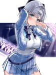  1girl absurdres belt blue_bow blue_bowtie blue_eyes blue_jacket blue_skirt blush bow bowtie breasts chain commentary crowd glowstick grey_hair hair_bow hair_ornament hairclip hand_in_own_hair hand_on_own_face highres in-ear_earphones jacket kaga_sumire lapels large_breasts long_sleeves looking_at_viewer microphone miniskirt neck_ribbon parted_lips penlight_(glowstick) pleated_skirt ribbon shirt shirt_tucked_in short_hair skirt solo stage_lights virtual_youtuber vspo! white_shirt ya_ta 