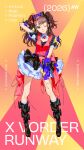  1girl absurdres arm_behind_head arm_up arm_warmers black_boots black_bow blue_arm_warmers blue_bow boots bow breasts brown_eyes brown_hair character_name closed_mouth commentary_request copyright_name frilled_skirt frills full_body hair_bow hand_on_own_thigh head_tilt highres idol knee_boots kujikawa_rise layered_skirt long_hair looking_at_viewer mika_pikazo miniskirt one_eye_closed persona persona_4 puffy_short_sleeves puffy_sleeves red_bow second-party_source shirt short_sleeves skirt smile solo standing straight-on white_shirt x_vorder_runway yellow_bow 