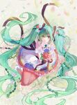  1girl absurdly_long_hair absurdres blush bouquet commentary_request dress dress_ribbon floating_hair floating_ribbon flower flower-trimmed_dress flower_trim frilled_dress frills from_above fuchikoto gradient_hair green_eyes green_hair hair_flower hair_ornament hair_ribbon hatsune_miku hatsune_miku_japan_tour_2025_~blooming~ highres holding holding_bouquet leaf long_hair long_sleeves looking_at_viewer looking_up multicolored_hair pantyhose purple_flower red_dress red_flower red_pantyhose ribbon see-through_collar short_sleeves sitting smile solo twintails two-tone_dress very_long_hair vocaloid white_dress white_sleeves 