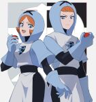 1boy 1girl :d blue_eyes blue_gloves blue_hoodie blue_jacket breasts closed_mouth commentary_request gloves highres hood hood_up hooded_jacket hoodie jacket looking_at_viewer open_mouth orange_hair poke_ball poke_ball_(basic) pokemon pokemon_black_and_white sakai_so2 short_hair smile team_plasma team_plasma_grunt team_plasma_uniform 