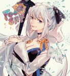  1girl anniversary black_bow blue_choker blue_eyes bow braid breasts choker cleavage clothing_cutout fate/grand_order fate_(series) hair_bow half_up_braid highres holding large_breasts lips long_hair long_sleeves looking_at_viewer morgan_le_fay_(fate) morgan_le_fay_(second_ascension)_(fate) neko_mori orange_bow ponytail ribbon sidelocks simple_background smile solo upper_body weapon wide_sleeves 