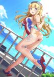  1girl ass blonde_hair blue_shoes blue_sky breasts cloud commentary_request day double_bun dutch_angle fletcher_(kancolle) fletcher_mk_ii_(kancolle) folded_hair fuji_(pixiv24804665) hair_bun hair_ornament headgear highleg highleg_one-piece_swimsuit highres index_finger_raised kantai_collection looking_at_viewer mountainous_horizon multicolored_swimsuit number_tattoo ocean one-piece_swimsuit outdoors posing purple_eyes railing rudder_footwear shoes sky smile solo star_(symbol) star_hair_ornament strapless strapless_one-piece_swimsuit swimsuit tattoo wedding 