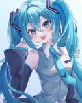  1girl :d absurdres bare_shoulders black_sleeves blue_eyes blue_hair blue_necktie blush breasts collared_shirt commentary_request contrast_collar detached_sleeves double-parted_bangs grey_shirt hair_between_eyes hair_intakes hand_up hatsune_miku highres long_hair long_sleeves necktie open_mouth sakanoi_noa shirt signature simple_background sleeveless sleeveless_shirt small_breasts smile solo tie_clip twintails upper_body vocaloid watermark white_background 