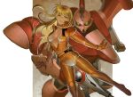  1girl beam_rifle blonde_hair bodysuit breasts commentary_request earrings energy_gun floating foot_out_of_frame gottrlatan green_eyes grey_eyes gun gundam hair_between_eyes hairband holding holding_gun holding_weapon jewelry katejina_loos kishida_kai long_hair looking_at_viewer mecha mecha_pilot_suit medium_breasts mobile_suit normal_suit_(gundam) open_bodysuit open_clothes orange_bodysuit outstretched_arms parted_lips pilot pink_hairband robot science_fiction skin_tight spacesuit sphere_earrings spread_arms victory_gundam weapon zanscare zero_gravity 