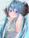  1girl armpits bare_shoulders black_sleeves blue_eyes blue_hair blush closed_mouth collared_shirt commentary detached_sleeves double-parted_bangs green_necktie grey_background grey_shirt hair_between_eyes hatsune_miku highres kina_562561 long_hair long_sleeves looking_at_viewer necktie shirt simple_background single_hair_intake sleeveless sleeveless_shirt smile solo tie_clip twintails untranslatable_commentary upper_body vocaloid 