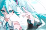  1girl absurdres bare_shoulders black_sleeves blue_eyes blue_hair blue_nails blue_necktie closed_mouth collared_shirt commentary_request contrast_collar detached_sleeves double-parted_bangs grey_shirt hair_between_eyes hand_up hatsune_miku hatsune_miku_(vocaloid6) highres long_hair long_sleeves looking_at_viewer nail_polish necktie portrait shirt simple_background sleeveless sleeveless_shirt smile solo twintails vocaloid white_background wide_sleeves xian_(x._.ian) 