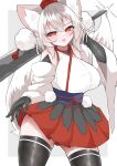  1girl absurdres animal_ears black_gloves black_skirt black_thighhighs blush breasts commentary_request gloves grey_hair hat highres holding holding_sword holding_weapon inubashiri_momiji japanese_clothes kimono large_breasts looking_at_viewer medium_hair obi open_mouth pom_pom_(clothes) red_eyes red_hat red_skirt regua sash skirt solo sword tail thighhighs tokin_hat touhou two-tone_skirt v-shaped_eyebrows weapon white_kimono wolf_ears wolf_girl wolf_tail 