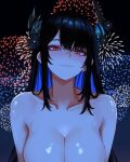  1girl black_hair blue_hair breasts closed_mouth collarbone commentary english_commentary fireworks fourth_of_july hair_ornament hololive hololive_english large_breasts looking_at_viewer mole mole_under_eye multicolored_hair navel nerissa_ravencroft red_eyes solo star_(symbol) two-tone_hair virtual_youtuber yan_kodiac 
