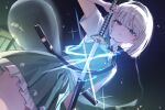  1girl absurdres black_bow black_bowtie black_hairband bow bowtie collared_shirt commentary falling_petals frilled_skirt frills glint green_eyes green_skirt green_vest grey_hair hairband highres hitodama holding holding_sword holding_weapon katana konpaku_youmu konpaku_youmu_(ghost) looking_at_viewer multiple_swords petals pink_petals pleated_skirt sarukana sheath shirt short_hair skirt skirt_set solo sword sword_on_back touhou unsheathing vest weapon weapon_on_back white_shirt 