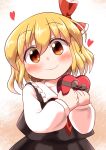  1girl absurdres black_skirt black_vest blonde_hair blush box closed_mouth collared_shirt commentary_request hair_between_eyes hair_ribbon heart-shaped_box highres holding holding_box long_sleeves looking_at_viewer orange_eyes red_ribbon ribbon rokugou_daisuke rumia shirt short_hair skirt skirt_set smile solo touhou upper_body valentine vest white_shirt 
