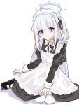  1girl alternate_costume apron black_bow black_dress black_shoes blue_archive blue_halo blush bow collared_dress commentary_request contrast_collar dress enmaided frilled_apron frills frown full_body hair_between_eyes hair_bow halo juliet_sleeves long_hair long_sleeves looking_at_viewer maid maid_apron maid_headdress miyako_(blue_archive) neck_ribbon one_side_up pantyhose puffy_sleeves purple_eyes ribbon shadow shoes sidelocks simple_background sitting solo tobimatsu_mutsutarou very_long_hair white_apron white_background white_hair white_pantyhose white_ribbon 