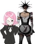  1boy 1girl absurdres bkg0303 black_hair black_jacket black_vest bleach blush_stickers bow brown_eyes cocked_eyebrow crossdressing crossdressing_(ftm) crossdressing_(mtf) dress elbow_gloves eyepatch gloves grin hair_bow hand_on_own_hip highres jacket kusajishi_yachiru maid male_maid one_eye_closed pectoral_cleavage pectorals pink_hair pointing pointing_at_another raised_eyebrow short_dress single_blush_sticker smile spiked_hair thighhighs tuxedo vest white_gloves white_thighhighs zaraki_kenpachi zettai_ryouiki 
