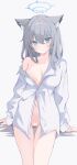  1girl absurdres animal_ears ass_visible_through_thighs bar_censor blue_archive blue_eyes blue_halo blush breasts censored cleavage closed_mouth clothes_lift grey_hair hair_ornament halo highres looking_at_viewer medium_breasts medium_hair mismatched_pupils naked_shirt nipple_slip nipples nude nui_(nuinui0300) pussy shiroko_(blue_archive) shirt shirt_lift smile solo thighs white_background white_shirt wolf_ears 