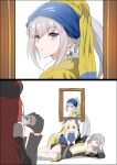  4girls animal_ears aqua_bow aqua_bowtie black_jacket blonde_hair blue_archive blue_eyes blue_hairband blue_halo blue_headscarf blue_leotard blue_turban bow bowtie camera commentary_request crossover earrings fake_animal_ears fate/grand_order fate_(series) fine_art_parody gem girl_with_a_pearl_earring goddess_of_victory:_nikke grey_hair hairband halo headscarf highres holding holding_camera honkai:_star_rail honkai_(series) ice_choco_maker ishikawa_yui jacket jewelry leotard long_hair looking_at_viewer morgan_le_fay_(fate) multiple_girls official_alternate_costume painting_(object) parody pearl pearl_earrings playboy_bunny ponytail rabbit_ears rapi_(nikke) rapi_(red_hood)_(nikke) red_hair shirt stelle_(honkai:_star_rail) strapless strapless_leotard taking_picture toki_(blue_archive) toki_(bunny)_(blue_archive) trailblazer_(honkai:_star_rail) turban two-tone_turban upper_body very_long_hair voice_actor_connection white_shirt yellow_eyes yellow_headscarf yellow_turban 