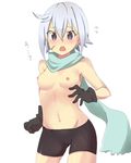  bike_shorts black_gloves blush breasts cameltoe chris_(konosuba) cowboy_shot crystal_earrings earrings flying_sweatdrops gloves hair_between_eyes jewelry kono_subarashii_sekai_ni_shukufuku_wo! looking_at_viewer navel nipples purple_eyes scar scarf short_hair silver_hair small_breasts solo sr_soba tears topless white_background 