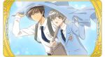  2boys :d bag blue_background blue_necktie border brown_bag brown_hair cardcaptor_sakura closed_mouth glasses grey_hair holding jacket kinomoto_touya male_focus multiple_boys necktie official_art open_mouth ornate_border pale_skin school_uniform short_hair shoulder_bag smile split_mouth third-party_source tomoeda_high_school_uniform tsukishiro_yukito yellow_eyes 