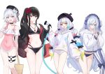  4girls bag beret bikini black_hair black_hat blue_hairband bow closed_mouth commentary_request flower frills gradient_hair hair_flower hair_ornament hair_over_one_eye hairband hat heterochromia highres holding holding_bag holding_hose hose jacket jogasaki_noah lolita_hairband long_hair long_sleeves looking_at_viewer mahou_shoujo_no_majo_saiban mia_(mia122303) multi-tied_hair multicolored_hair multiple_girls natsume_an-an nikaido_hiro one-piece_swimsuit open_mouth pink_eyes pink_hair polka_dot polka_dot_bow purple_eyes red_eyes red_flower ribbon sakuraba_ema short_hair simple_background sleeves_past_wrists smile streaked_hair swimsuit white_background white_flower white_hair yellow_eyes 