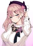  1girl bad_id bad_twitter_id beret blue_eyes blush breasts closed_mouth flower hair_behind_ear hair_ornament hairclip hand_in_own_hair hat hat_flower highres horned_hat jitome large_breasts long_hair long_sleeves looking_at_viewer nijisanji pink_hair purple_hair shiokonbu solo suzuhara_lulu suzuhara_lulu_(4th_costume) sweater upper_body virtual_youtuber white_background white_sweater x_hair_ornament 