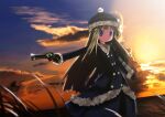  1girl blonde_hair blue_coat blue_hat buttons closed_mouth cloud coat commentary_request cowboy_shot fur-trimmed_coat fur-trimmed_headwear fur_trim grass gun gunner_(sekaiju) gunner_2_(sekaiju) hat holding holding_gun holding_weapon long_hair looking_at_viewer moriya_suo ocean outdoors outstretched_arm pom_pom_(clothes) sekaiju_no_meikyuu sekaiju_no_meikyuu_2 solo standing sunset tall_grass weapon 