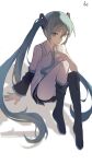  1girl absurdres artist_name bare_shoulders black_boots black_skirt black_sleeves blue_eyes blue_hair blue_necktie boots chinese_commentary collared_shirt commentary_request detached_sleeves double-parted_bangs full_body hair_between_eyes hatsune_miku highres k2s knees_up long_hair long_sleeves miniskirt necktie open_mouth pleated_skirt shirt simple_background sitting skirt sleeveless sleeveless_shirt solo thigh_boots twintails very_long_hair vocaloid white_background white_shirt 