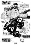 abs absurd_res anthro artist_name biceps big_muscles big_pecs bodily_fluids body_hair bottomwear bulge canid canine canis character_name chest_hair claws clothing collar deltoids eye_close-up feet fur glistening glistening_bottomwear glistening_clothing glistening_pants guitar hairy_pecs harness hi_res holding_guitar holding_guitar_pick holding_musical_instrument holding_object leather leather_harness male mammal monochrome multiple_angles muscular muscular_male musical_instrument navel nipples open_mouth pants pecs plucked_string_instrument pose revelion romulus_(revelion) simple_background solo string_instrument sweat sweaty_body teeth text tight_bottomwear tight_clothing tight_pants tongue tongue_out white_background wolf