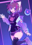  1girl absurdres animal_ear_headphones animal_ear_legwear animal_ears asakura_neko black_shirt black_shorts brown_hair cat_ear_legwear cytus cytus_ii demcheg fake_animal_ears fang headphones highres jacket meowbot multicolored_hair off-shoulder_jacket off_shoulder pink_hair pink_trim print_shirt purple_jacket shirt shorts skin_fang solo streaked_hair 
