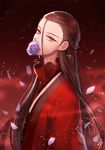  blue_eyes brown_hair flower_in_mouth lapistool long_hair mouth_hold original petals red red_background signature solo upper_body 
