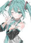  1girl ;) bare_shoulders black_sleeves blush closed_mouth collared_shirt commentary_request detached_sleeves double-parted_bangs double_v green_eyes green_hair green_nails green_necktie grey_shirt hair_between_eyes hands_up hatsune_miku highres ilei53zv long_hair long_sleeves looking_at_viewer nail_polish necktie number_tattoo one_eye_closed shirt shoulder_tattoo simple_background sleeveless sleeveless_shirt smile solo tattoo twintails twitter_username upper_body v vocaloid white_background 