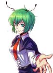  antennae belt cape commentary_request foreshortening green_eyes green_hair highres koissa long_sleeves looking_at_viewer necktie open_hand red_neckwear shirt short_hair smile solo touhou upper_body white_shirt wriggle_nightbug 