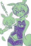  1girl alternate_costume asato_(4ddxe) chibi chibi_inset collared_shirt commentary_request cowboy_shot fishnet_pantyhose fishnets flat_chest green_theme highres looking_at_viewer monochrome navel open_mouth pantyhose pea_pod shirt short_hair short_shorts shorts simple_background sleeveless sleeveless_shirt smile solo voiceroid voicevox zundamon 