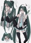  1girl artist_name bare_shoulders black_skirt blush bright_pupils check_translation chibi commentary_request cosplay detached_sleeves flat_chest green_hair hair_ornament hatsune_miku hatsune_miku_(cosplay) highres long_hair mtkpasta multiple_views necktie pleated_skirt pokemon pokemon_scarlet_and_violet red_eyes rika_(pokemon) shirt skirt sleeveless sleeveless_shirt speech_bubble spring_onion thighhighs translation_request twintails very_long_hair vocaloid white_pupils 
