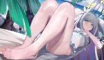  1girl absurdres barefoot beach blue_eyes blush breasts character_request closed_mouth colored_inner_hair commentary_request copyright_request day dutch_angle embarrassed eureka_814 feet flower foot_focus foreshortening frilled_one-piece_swimsuit frills grey_hair grey_hairband hair_flower hair_ornament hairband highres knees_up leg_focus legs legs_up long_hair looking_at_viewer lying multicolored_hair on_back one-piece_swimsuit outdoors palm_tree purple_hair small_breasts solo swimsuit toenails toes tree very_long_hair white_one-piece_swimsuit 