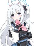  1girl absurdres ammunition_pouch animal_ears black_gloves blue_archive blue_halo blue_shirt blue_skirt blush bulletproof_vest cellphone commentary_request double-parted_bangs fake_animal_ears gloves hair_between_eyes halo headgear headset highres holding holding_phone long_hair long_sleeves looking_at_viewer miyako_(blue_archive) neckerchief one_side_up phone pink_neckerchief pleated_skirt pouch purple_eyes sailor_collar school_uniform serafuku shirt sidelocks simple_background skirt smartphone smile solo tactical_gloves tobimatsu_mutsutarou upper_body very_long_hair white_background white_hair white_sailor_collar 
