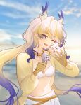  1girl :d ;d arknights bikini blonde_hair blue_eyes blurry blurry_background collarbone colored_extremities commentary creature day dragon_bean_(arknights) dragon_girl dragon_horns ed_mackerel film_grain handheld_electric_fan highres holding holding_creature horns jewelry korean_commentary long_hair long_sleeves multicolored_hair navel necklace one_eye_closed open_clothes open_mouth open_shirt outdoors pointy_ears purple_hair shirt shu_(arknights) smile solo swimsuit white_bikini white_hair wind yellow_shirt 