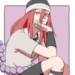  1girl bandaged_head bandages black_shorts border breasts closed_mouth grey_eyes hair_between_eyes head_on_hand highres long_hair medium_breasts naruto_(classic) naruto_(series) purple_background red_hair rope_belt short_sleeves shorts sitting sketch solo tayuya_(naruto) uri_geikon white_border 