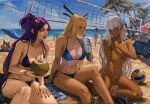  3girls absurdres aircraft airplane artist_name ball beach beach_umbrella beach_volleyball bead_bracelet beads bendy_straw bikini blonde_hair blue_bikini blue_eyes blue_sky bottle bracelet breasts bright_pupils cleavage closed_eyes cloud coconut coconut_cup commentary day drink drinking_straw english_commentary feather_hair_ornament feathers feet_out_of_frame fruit_as_cup gold_bracelet hair_ornament highres holding holding_bottle horizon jewelry kkparasyte large_breasts long_hair looking_at_another magik's_crown magik_(x-men) marvel marvel_rivals mechanical_arms multiple_girls nail_polish navel navel_piercing net oc_x_canon ocean open_mouth orange_bikini original outdoors palm_leaf palm_tree parted_lips patreon_username piercing plastic_bottle psylocke psylocke_(breezy_butterfly) purple_bikini purple_hair purple_lips purple_nails sand sitting sky smile star-shaped_pupils star_(symbol) storm_(x-men) summer swimsuit symbol-shaped_pupils tree tropical_drink umbrella very_long_hair volleyball_(object) volleyball_(sport) volleyball_net water web_address white_hair white_nails white_pupils x-men 
